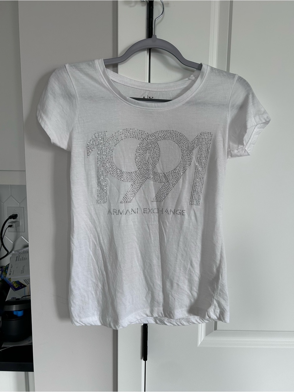 Armani Exchange White Rhinestone 1991 Logo Tee Short Sleeve Y2K T-Shirt Top